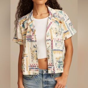 Lucky Brand Linen Blend Button-Down - Illustrative Print - Boho - Size XL
